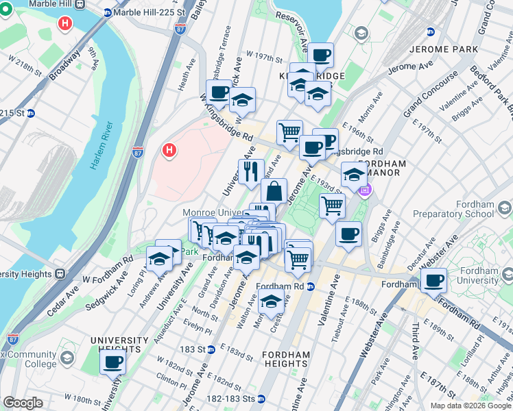 map of restaurants, bars, coffee shops, grocery stores, and more near in The Bronx