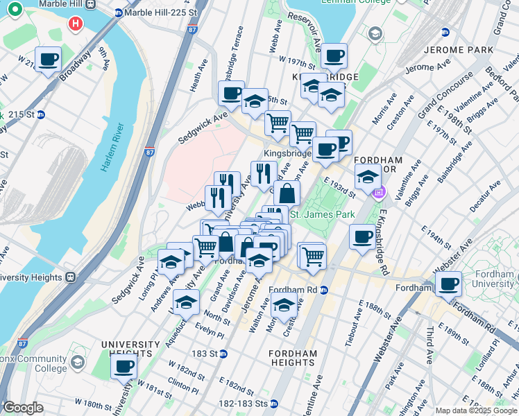 map of restaurants, bars, coffee shops, grocery stores, and more near 30 West 190th Street in Bronx