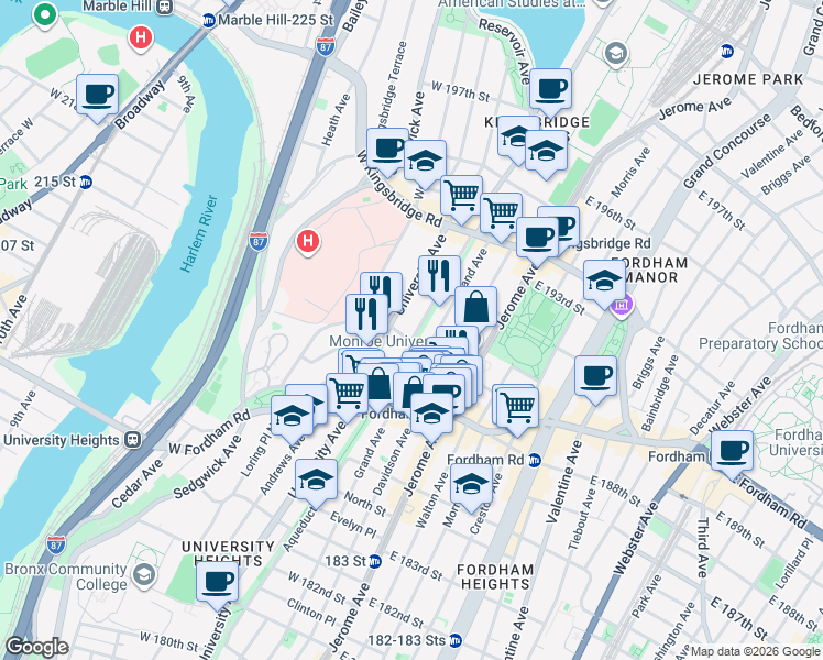 map of restaurants, bars, coffee shops, grocery stores, and more near 30 West 190th Street in Bronx
