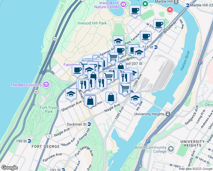 map of restaurants, bars, coffee shops, grocery stores, and more near 155A Sherman Avenue in New York