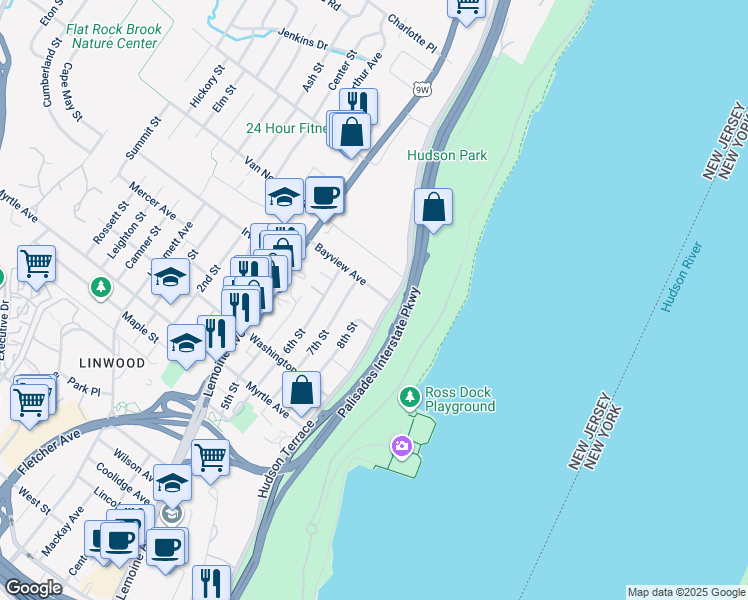 map of restaurants, bars, coffee shops, grocery stores, and more near 29 8th Street in Englewood Cliffs