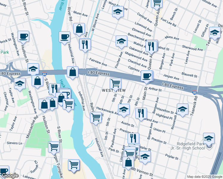 map of restaurants, bars, coffee shops, grocery stores, and more near 246 5th Street in Ridgefield Park