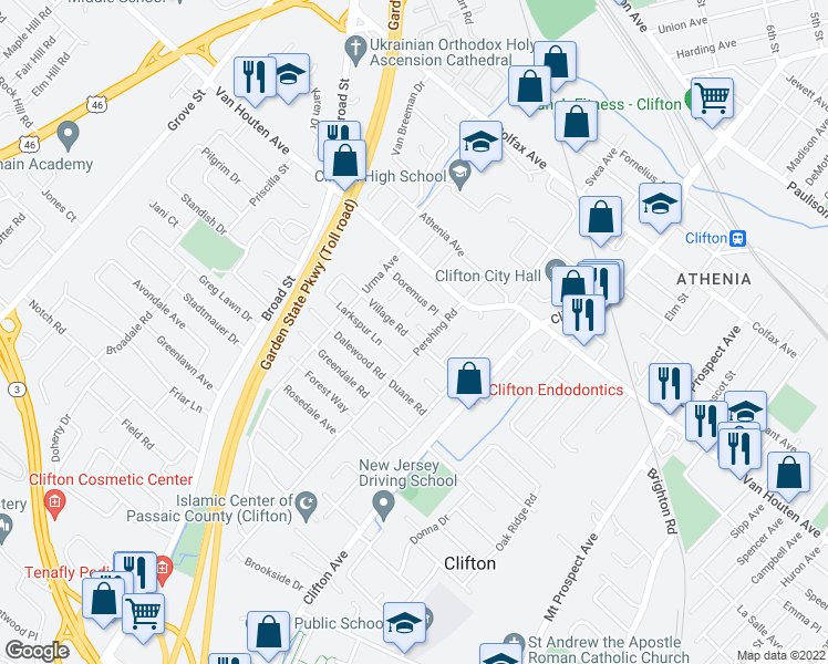 map of restaurants, bars, coffee shops, grocery stores, and more near 88 Pershing Road in Clifton
