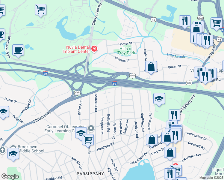map of restaurants, bars, coffee shops, grocery stores, and more near 649 Littleton Road in Parsippany-Troy Hills