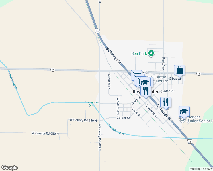 map of restaurants, bars, coffee shops, grocery stores, and more near 1-99 Michael Lane in Royal Center