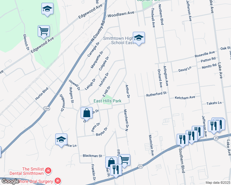 map of restaurants, bars, coffee shops, grocery stores, and more near 100 Fifty Acre Road South in Smithtown
