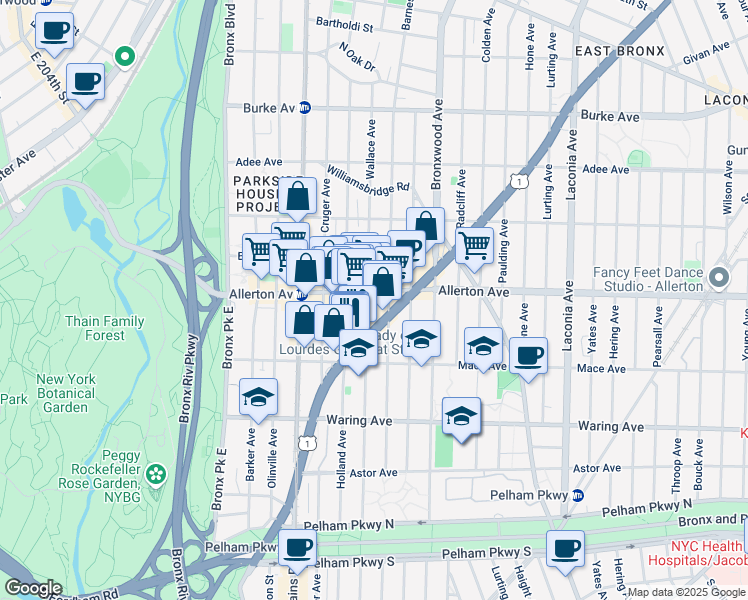 map of restaurants, bars, coffee shops, grocery stores, and more near 2572 Wallace Avenue in Bronx