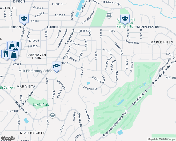 map of restaurants, bars, coffee shops, grocery stores, and more near 784 East 2150 South in Bountiful