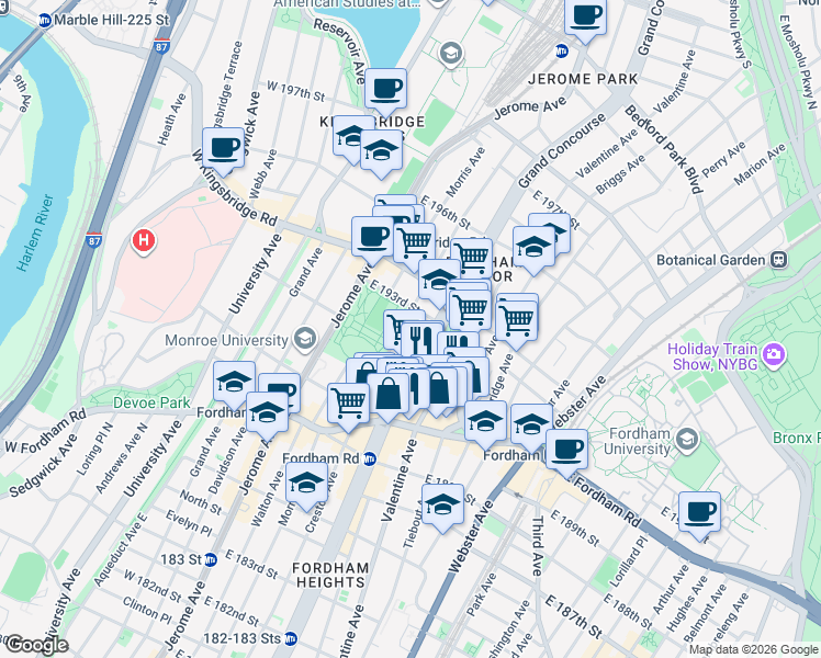 map of restaurants, bars, coffee shops, grocery stores, and more near 2585 Grand Concourse in Bronx