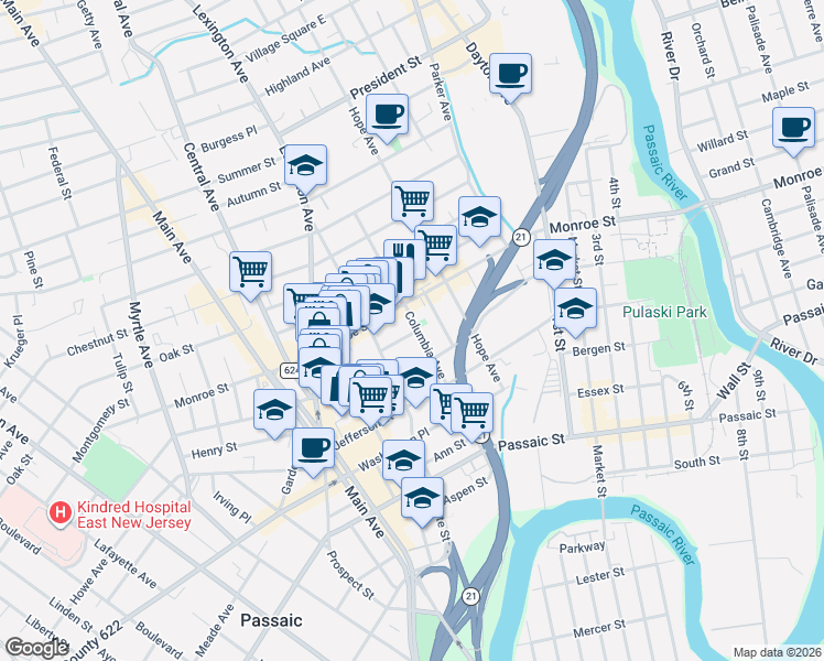 map of restaurants, bars, coffee shops, grocery stores, and more near 21 Rosz Place in Passaic