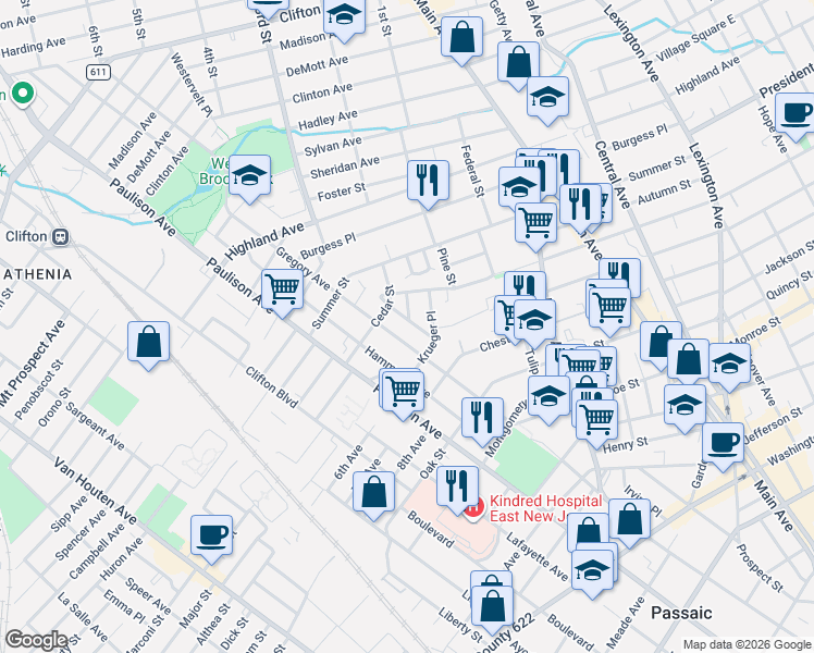 map of restaurants, bars, coffee shops, grocery stores, and more near 54 Krueger Place in Passaic
