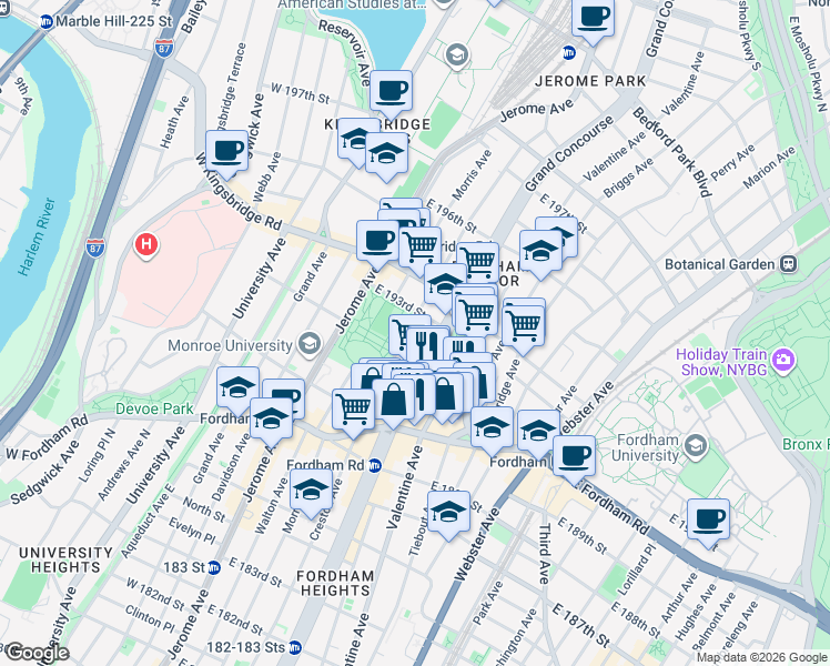 map of restaurants, bars, coffee shops, grocery stores, and more near 2585 Grand Concourse in Bronx