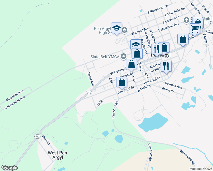 map of restaurants, bars, coffee shops, grocery stores, and more near 726 George Street in Pen Argyl
