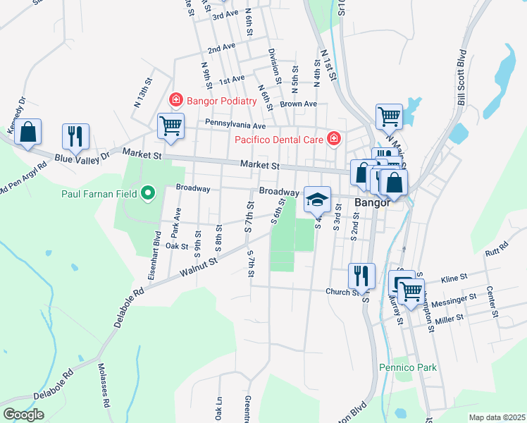 map of restaurants, bars, coffee shops, grocery stores, and more near 631 Chestnut Street in Bangor