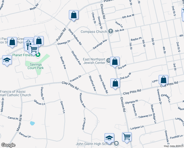 map of restaurants, bars, coffee shops, grocery stores, and more near 16 Stratford Avenue in Greenlawn