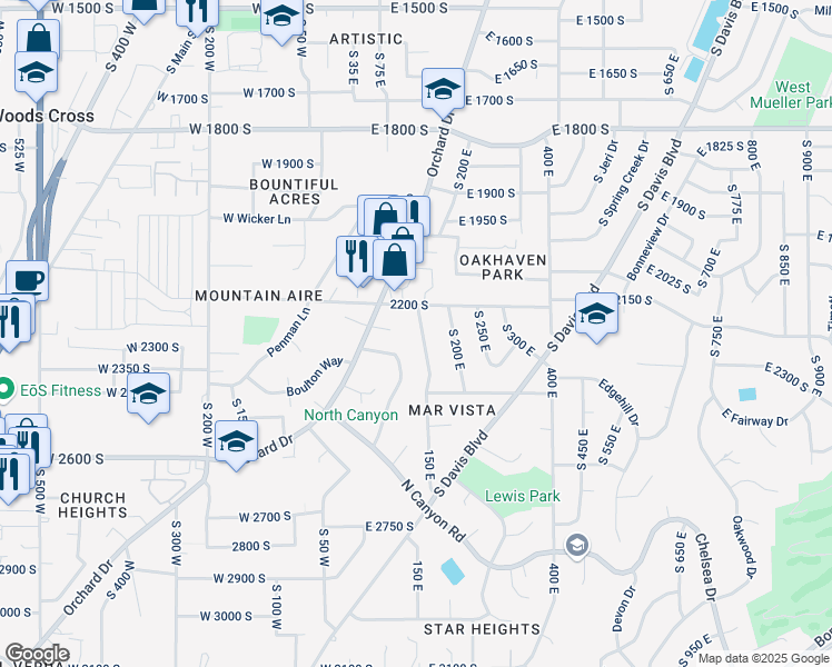 map of restaurants, bars, coffee shops, grocery stores, and more near 2256 150 East in Bountiful