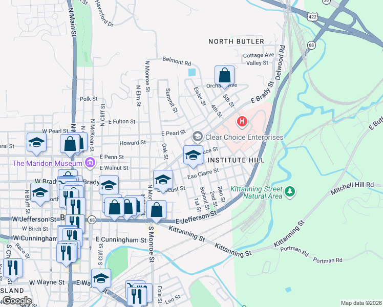 map of restaurants, bars, coffee shops, grocery stores, and more near 712 East Brady Street in Butler