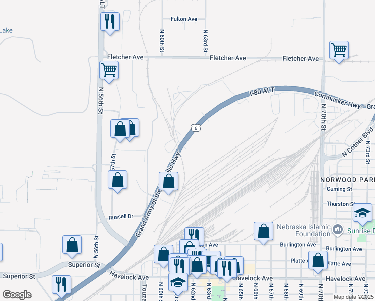 map of restaurants, bars, coffee shops, grocery stores, and more near 6101 Cornhusker Highway in Lincoln