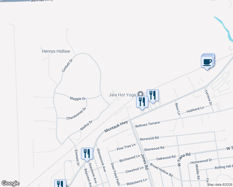 map of restaurants, bars, coffee shops, grocery stores, and more near 126 Malloy Drive in East Quogue