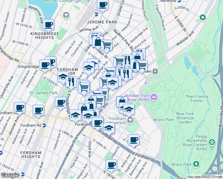 map of restaurants, bars, coffee shops, grocery stores, and more near 2736 Marion Avenue in Bronx