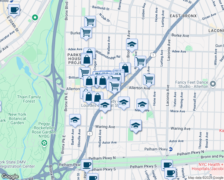 map of restaurants, bars, coffee shops, grocery stores, and more near in The Bronx