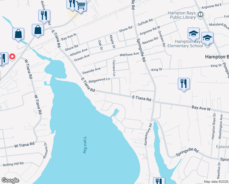 map of restaurants, bars, coffee shops, grocery stores, and more near 8 Pineview Lane in Hampton Bays