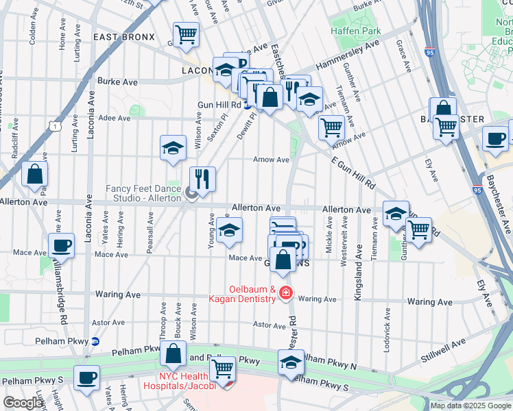map of restaurants, bars, coffee shops, grocery stores, and more near 2700 Morgan Avenue in Bronx