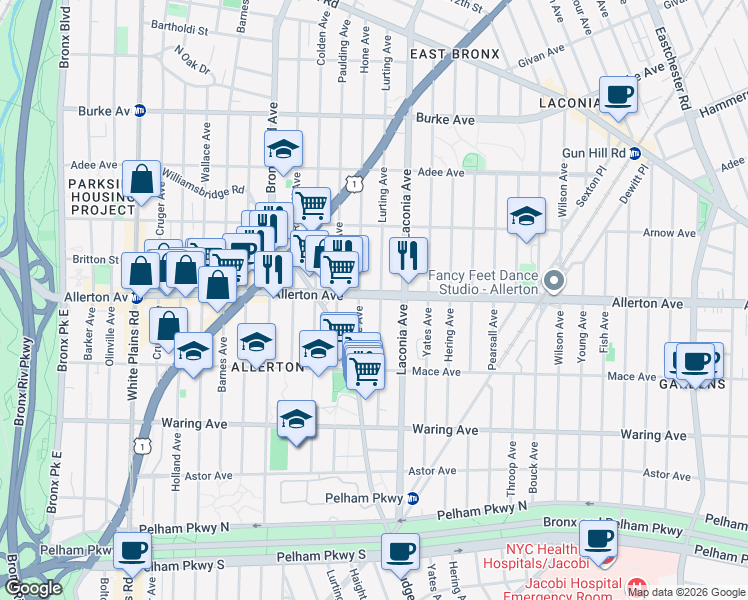 map of restaurants, bars, coffee shops, grocery stores, and more near in The Bronx