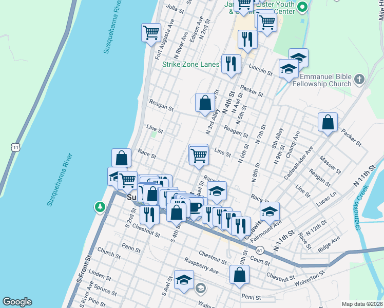 map of restaurants, bars, coffee shops, grocery stores, and more near 409 North 4th Street in Sunbury