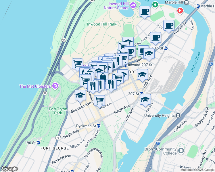 map of restaurants, bars, coffee shops, grocery stores, and more near 57 Vermilyea Avenue in New York