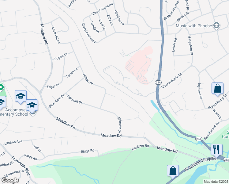 map of restaurants, bars, coffee shops, grocery stores, and more near 1102 Bishops Road in Smithtown
