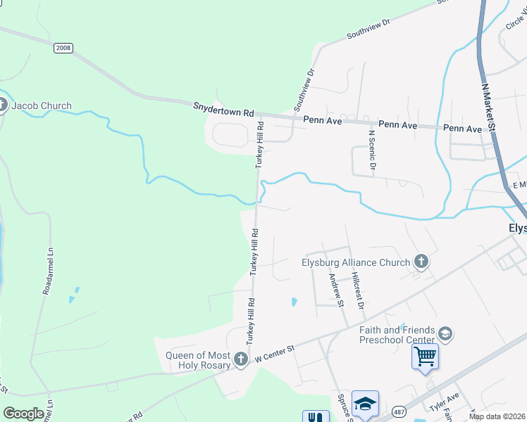 map of restaurants, bars, coffee shops, grocery stores, and more near 350 Turkey Hill Road in Elysburg