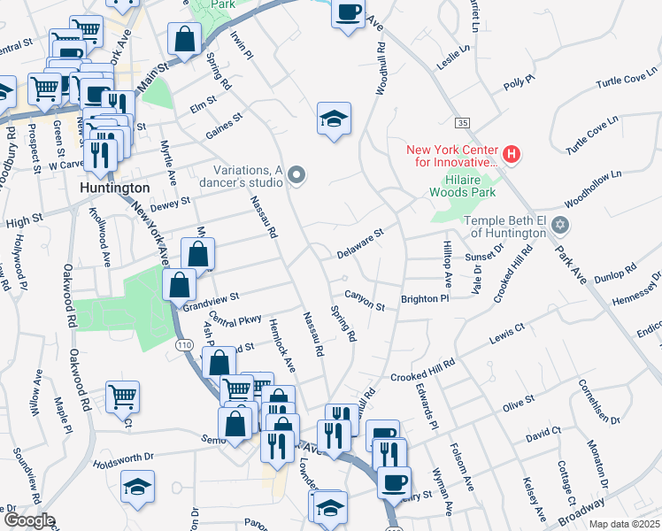 map of restaurants, bars, coffee shops, grocery stores, and more near 17 Delaware Street in Huntington