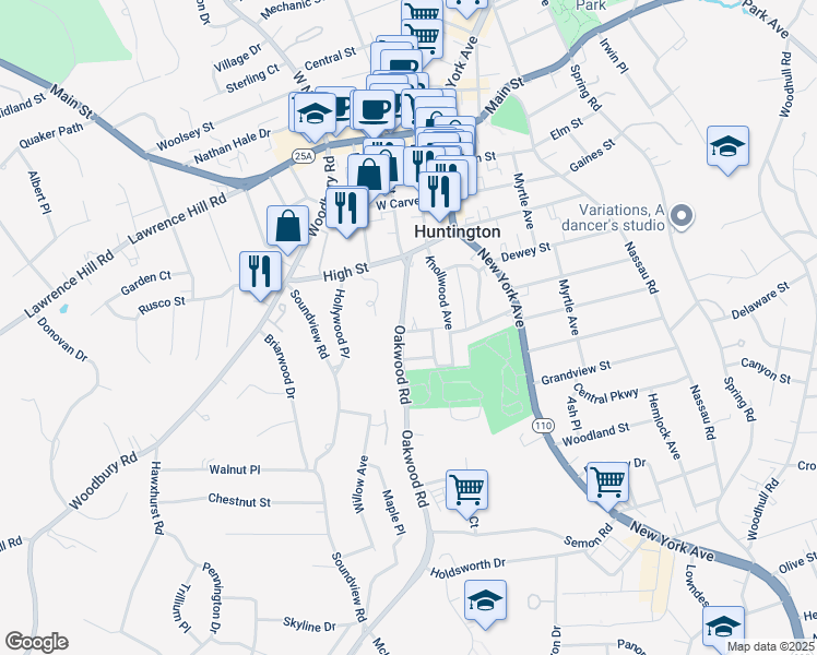 map of restaurants, bars, coffee shops, grocery stores, and more near 29 Oakwood Road in Huntington