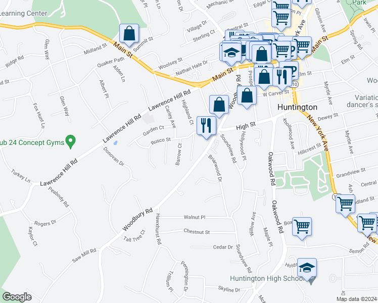 map of restaurants, bars, coffee shops, grocery stores, and more near 109 Carley Avenue in Huntington