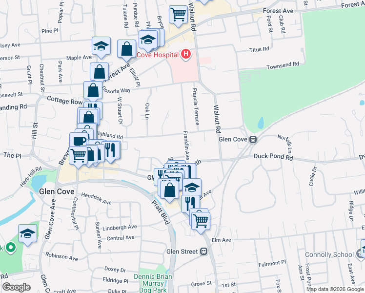 map of restaurants, bars, coffee shops, grocery stores, and more near 80 Highland Road in Glen Cove