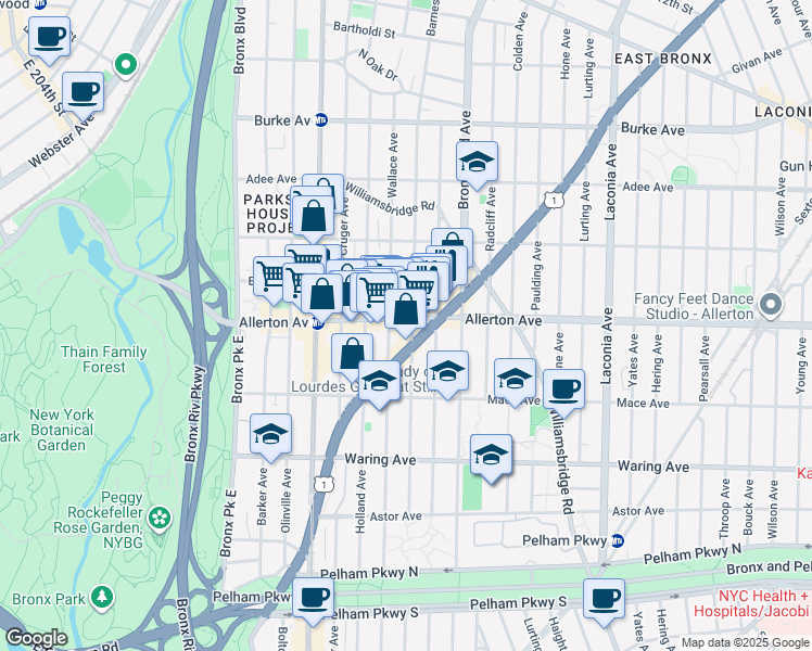 map of restaurants, bars, coffee shops, grocery stores, and more near in The Bronx