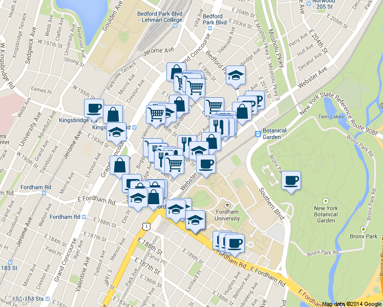map of restaurants, bars, coffee shops, grocery stores, and more near 2736 Marion Avenue in Bronx
