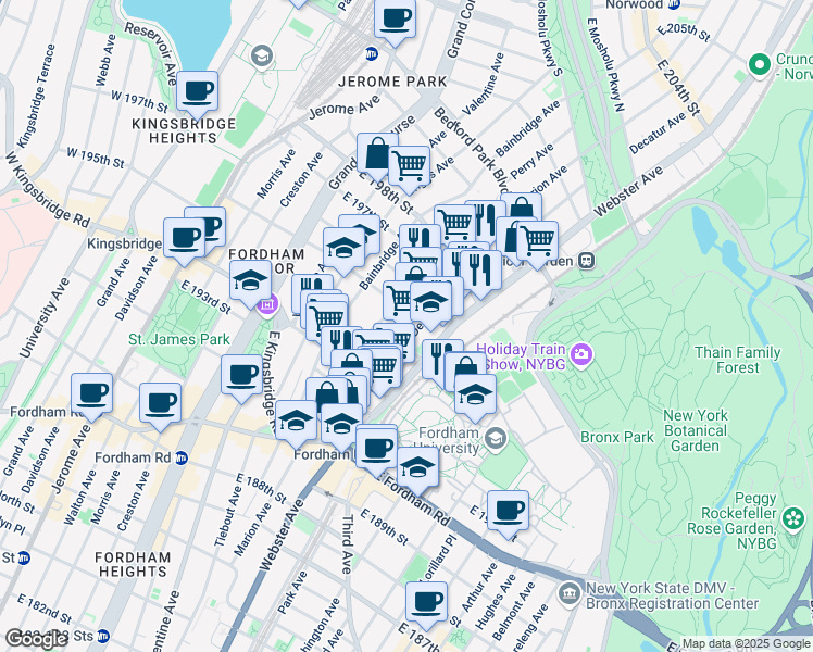 map of restaurants, bars, coffee shops, grocery stores, and more near 2736 Marion Avenue in Bronx