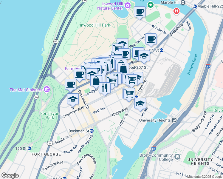 map of restaurants, bars, coffee shops, grocery stores, and more near 86 Vermilyea Avenue in New York