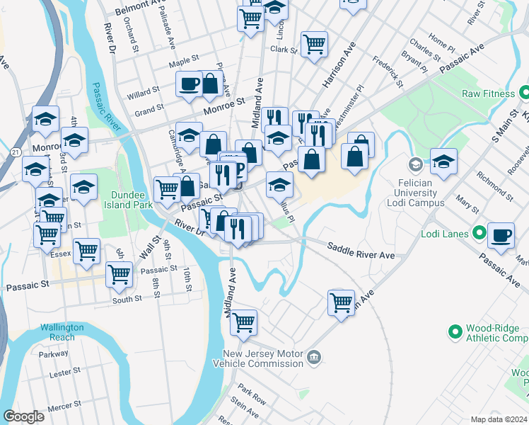 map of restaurants, bars, coffee shops, grocery stores, and more near in Garfield