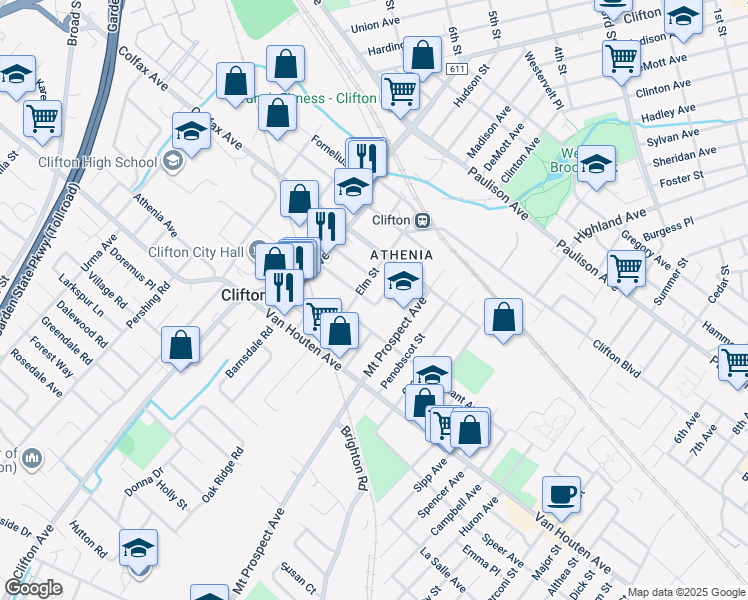 map of restaurants, bars, coffee shops, grocery stores, and more near 71 Elm Street in Clifton