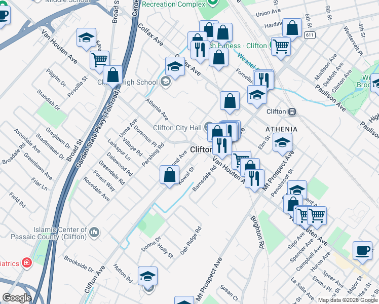 map of restaurants, bars, coffee shops, grocery stores, and more near in Clifton