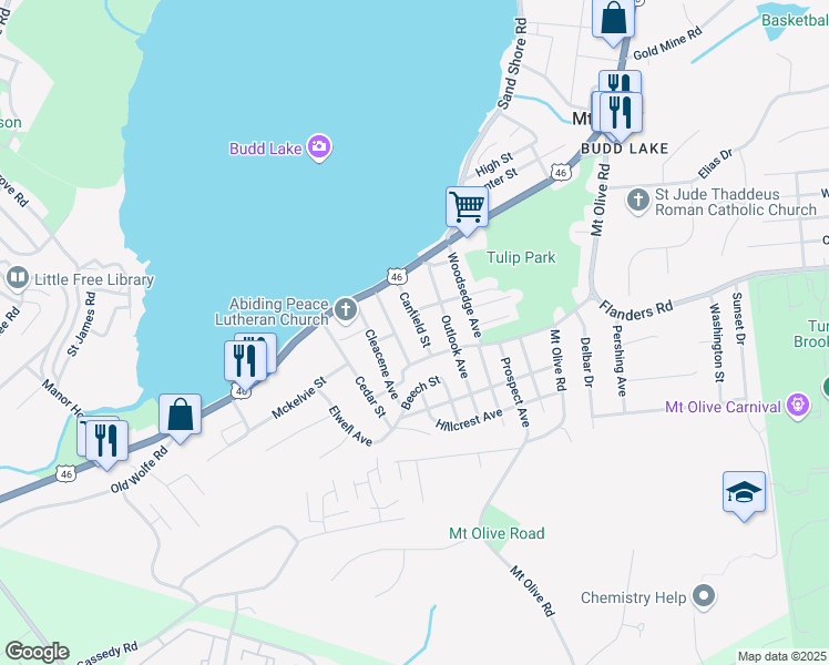 map of restaurants, bars, coffee shops, grocery stores, and more near 8 Canfield Street in Mount Olive