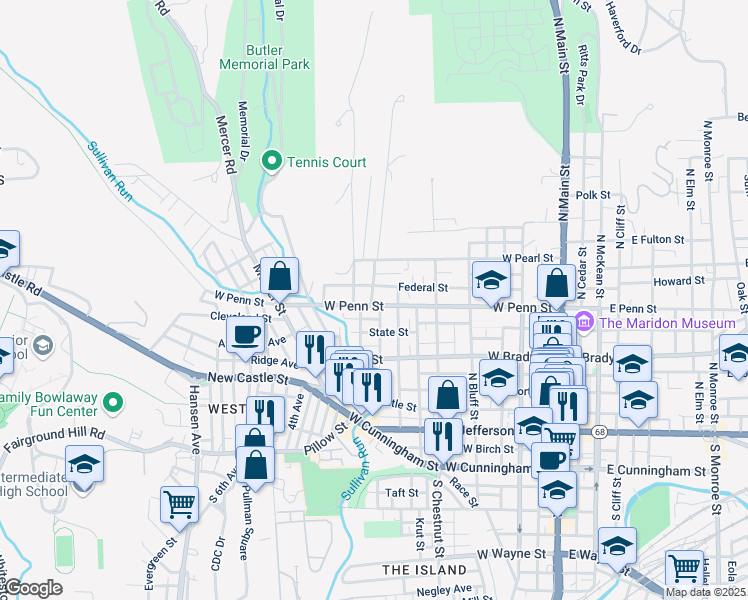 map of restaurants, bars, coffee shops, grocery stores, and more near 530 Federal Street in Butler