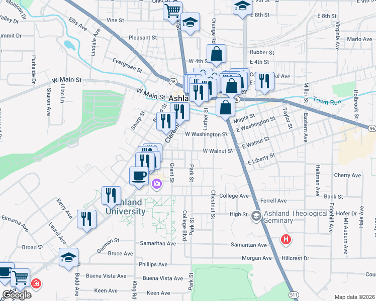 map of restaurants, bars, coffee shops, grocery stores, and more near 329 West Washington Street in Ashland