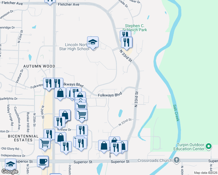 map of restaurants, bars, coffee shops, grocery stores, and more near 3162 King Ridge Boulevard in Lincoln