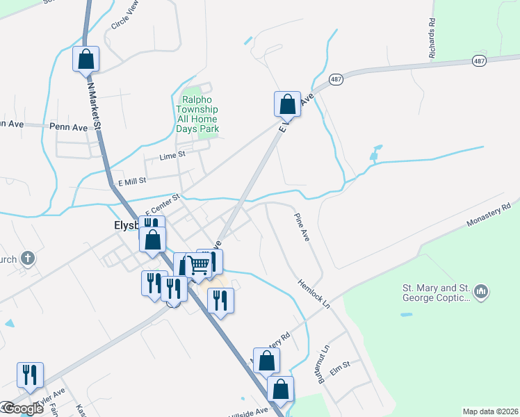 map of restaurants, bars, coffee shops, grocery stores, and more near 2 Hemlock Lane in Elysburg