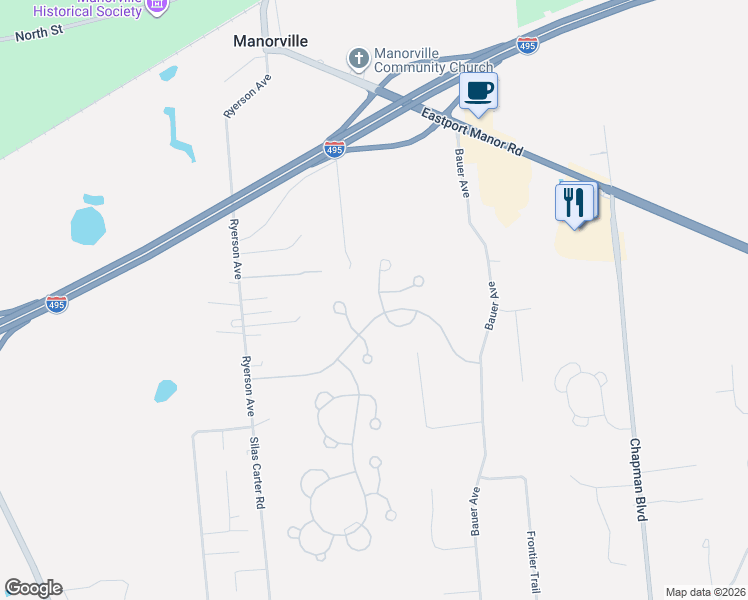 map of restaurants, bars, coffee shops, grocery stores, and more near 37 Quail Court in Manorville