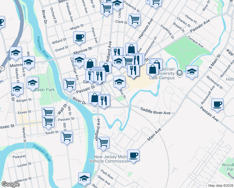 map of restaurants, bars, coffee shops, grocery stores, and more near 12 Spencer Place in Garfield